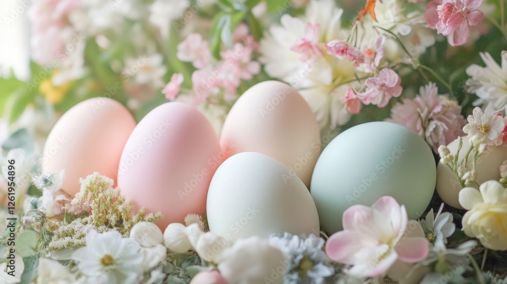Soft Pastel Eggs Surrounded by Delicate Flowers in Bright Setting Soft Pastel Eggs Surrounded by Delicate Flowers in Bright Setting