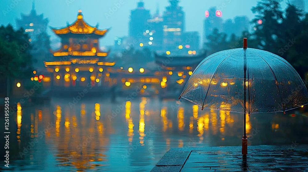 Fototapeta premium Rainy Night in a Chinese City: Tranquil Reflections on the Water