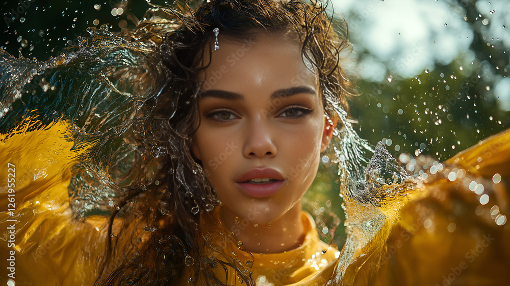 Obraz premium A model wearing a yellow raincoat with water splashing around her, evoking a sense of freshness and vitality