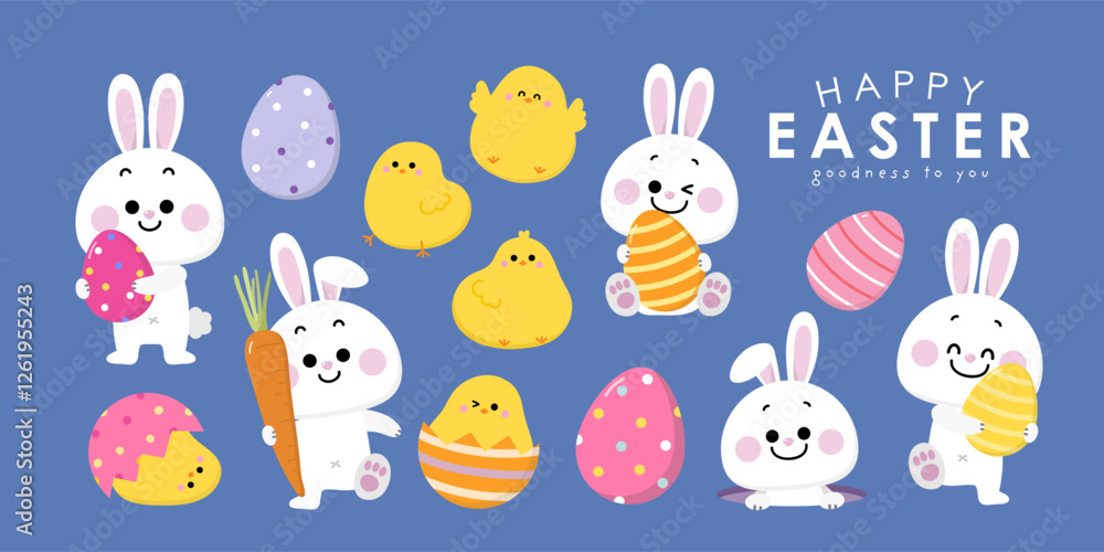 Happy Easter greeting card with cute yellow chick, colourful eggs, bunny and rabbit. Animal wildlife holiday cartoon character. -Vector. Happy Easter greeting card with cute yellow chick, colourful eggs, bunny and rabbit. Animal wildlife holiday cartoon character. -Vector.