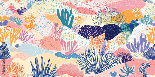 Abstract Coral Reef and Australian Outback Landscape Seamless Pattern, Bold Pastel Vector Design with Surreal Vegetation in pastel pink blue orange colors