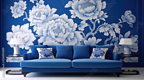 floral royal blue and white background