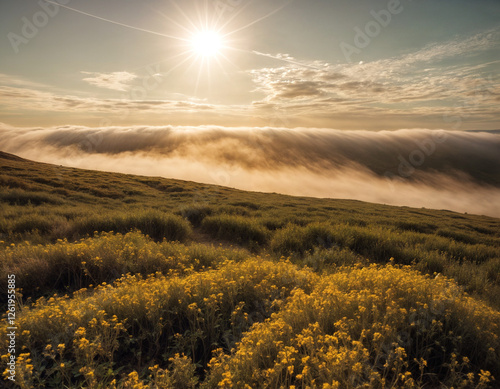 Morning sun bursting through cloudbank photo