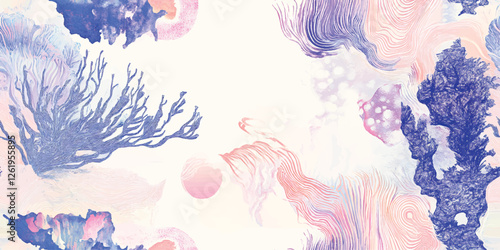 Abstract vector composition with fluid lines, Coral Reef, geometric patterns, marine flora and ocean wildlife print on a white, A fusion of tradition with gradients in purple, blue, and pink.