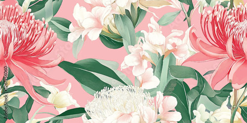 Pink Floral Seamless Vector Pattern with Waratah and Orchid Flowers, Art Nouveau Style, Soft Pastel Aesthetic for Elegant Design