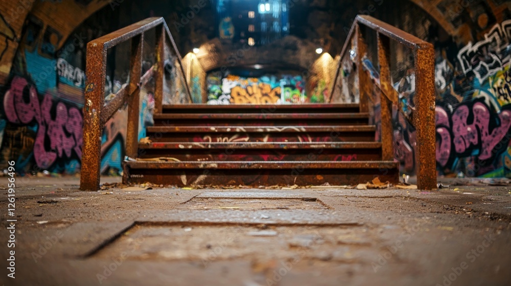 Fototapeta premium Rusty Metal Stairs with Graffiti in a Dark Urban Tunnel