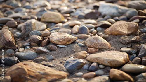 Close-up of river rocks and sand, showcasing earthy textures and natural light for serene, grounding imagery.  Warm and inviting tones photo