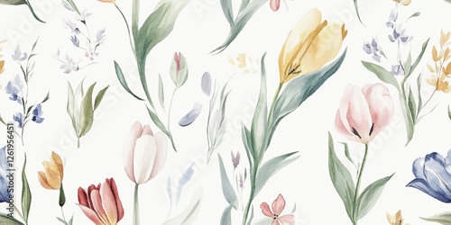 Watercolor floral vector pattern tile featuring flowers tulips and leaves on white, Traditional hand painted whimsical seamless print with an abstract design