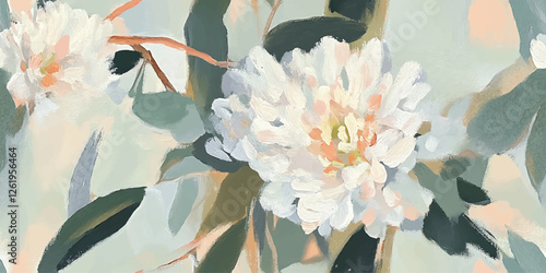 Abstract blooming peach branches seamless vector pattern with leaves, textured gouache paint strokes in peach and gray tones