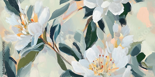 Abstract blooming peach branches seamless vector pattern with leaves, textured gouache paint strokes in peach and gray tones