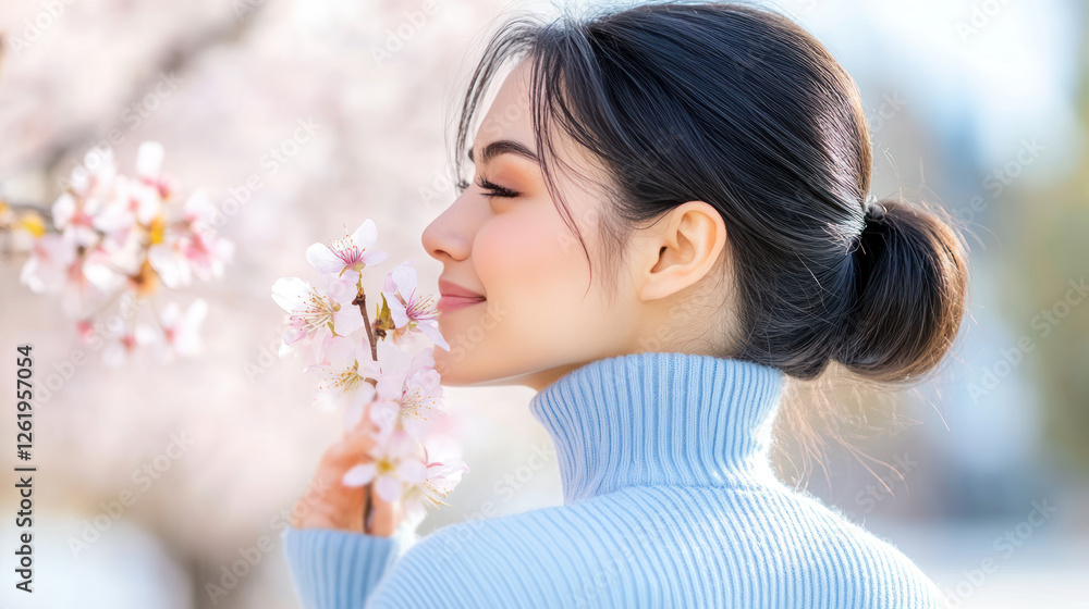 Arabian woman in blue ribbed necks enjoy fresh air in park with cherry blossom Arabian woman in blue ribbed necks enjoy fresh air in park with cherry blossom