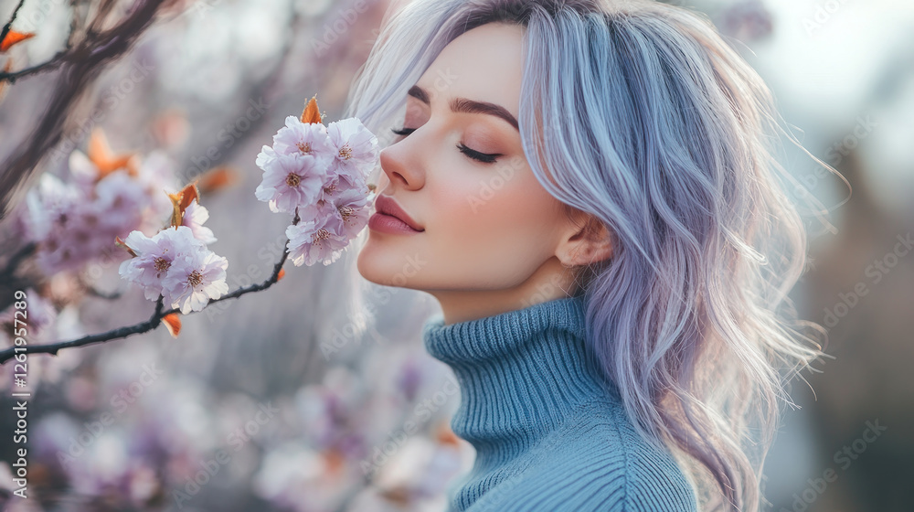 Purple hair Woman in blue ribbed necks enjoy fresh air in park with cherry blossom Purple hair Woman in blue ribbed necks enjoy fresh air in park with cherry blossom