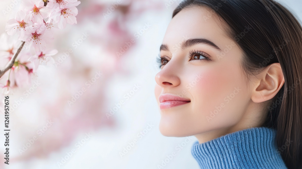 French woman in blue ribbed necks enjoy fresh air in park with cherry blossom French woman in blue ribbed necks enjoy fresh air in park with cherry blossom