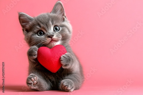 Cute chartreux baby cat with animal toy red heart - emblem of love, funny greeting card. Commercial conceptual art. Chartreux - my cherished cat. Valentine's day pet art. Romantic love animal. photo