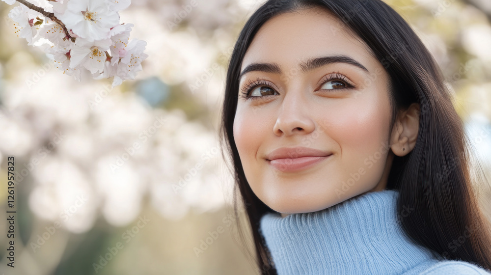 Hispanic Woman in blue ribbed necks enjoy fresh air in park with cherry blossom