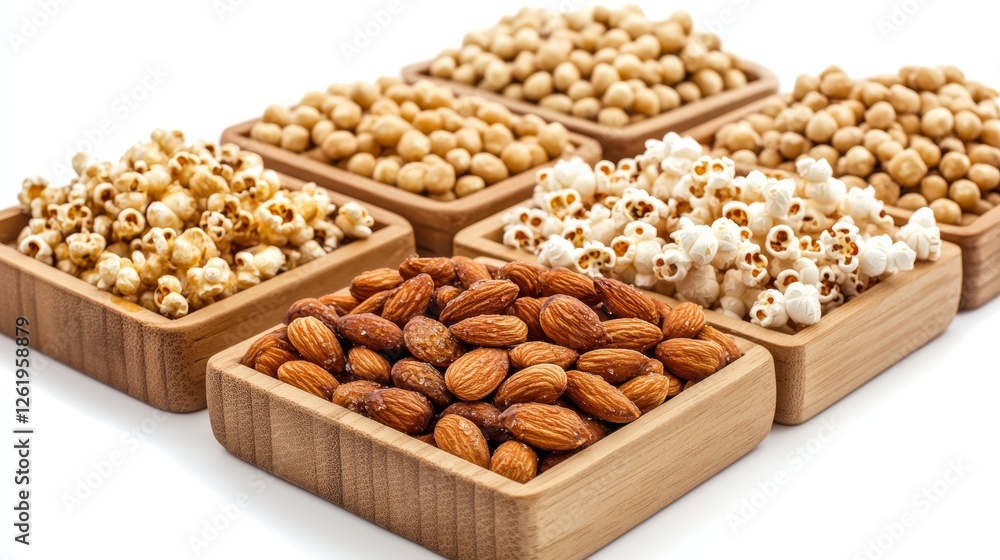 Assorted Sweet Snacks in Wooden Platters Featuring Honey Roasted Almonds and Flavored Popcorn Assorted Sweet Snacks in Wooden Platters Featuring Honey Roasted Almonds and Flavored Popcorn