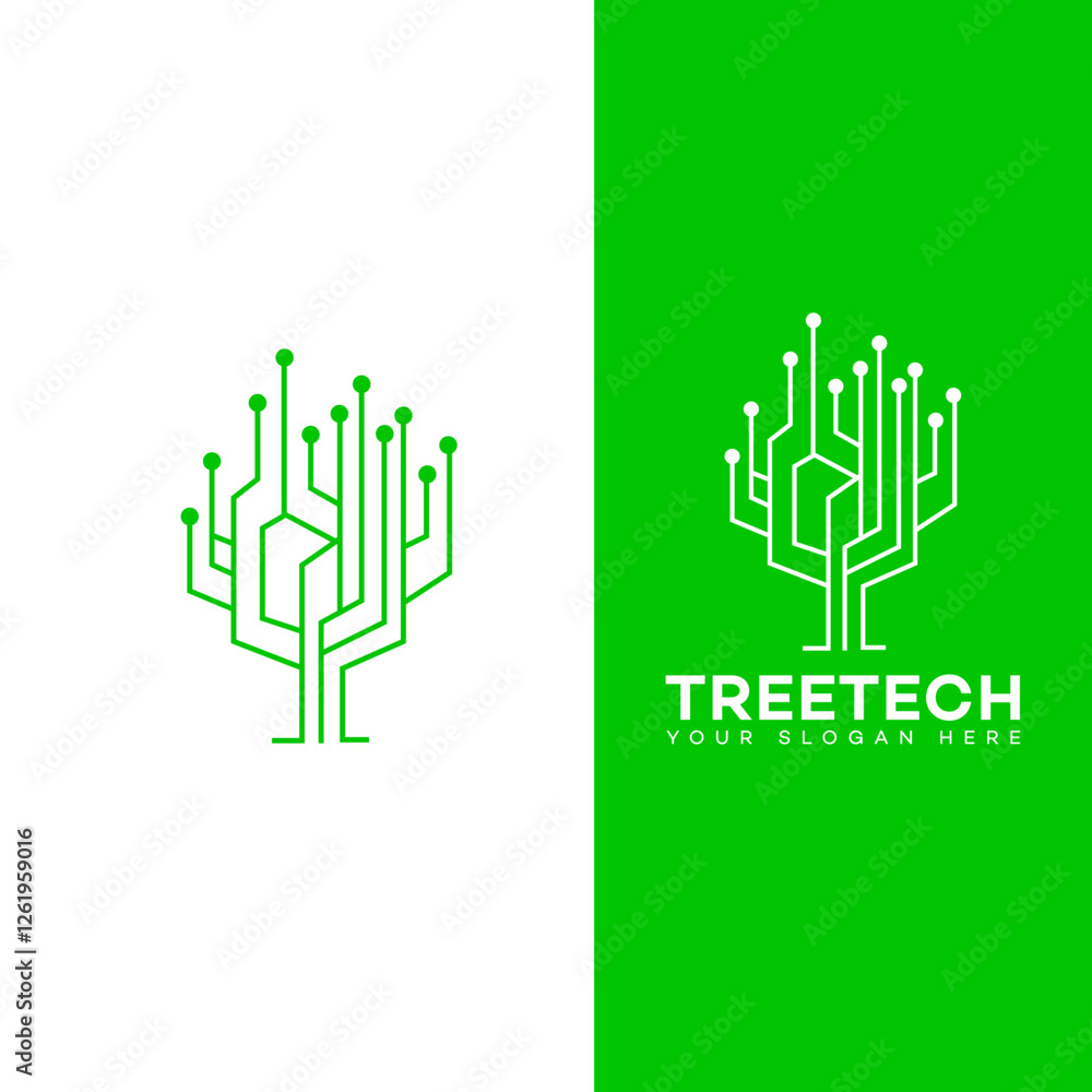 Obraz premium Green Tech Tree Logo Design Circuit Board Tree Illustration