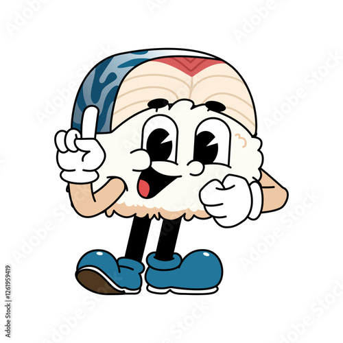 Retro sushi mascot logo, mackerel sushi pointing up