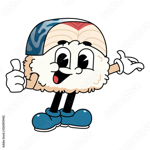 Retro sushi mascot logo, mackerel sushi thumbs up pose