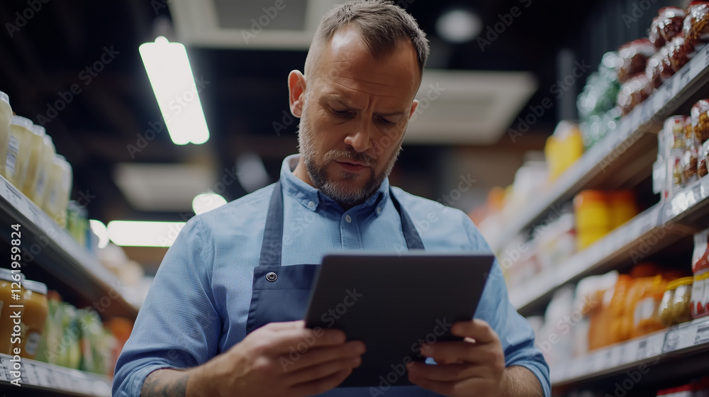 Fototapeta premium Man or woman Looking At ipad While Choosing Items In Supermarket