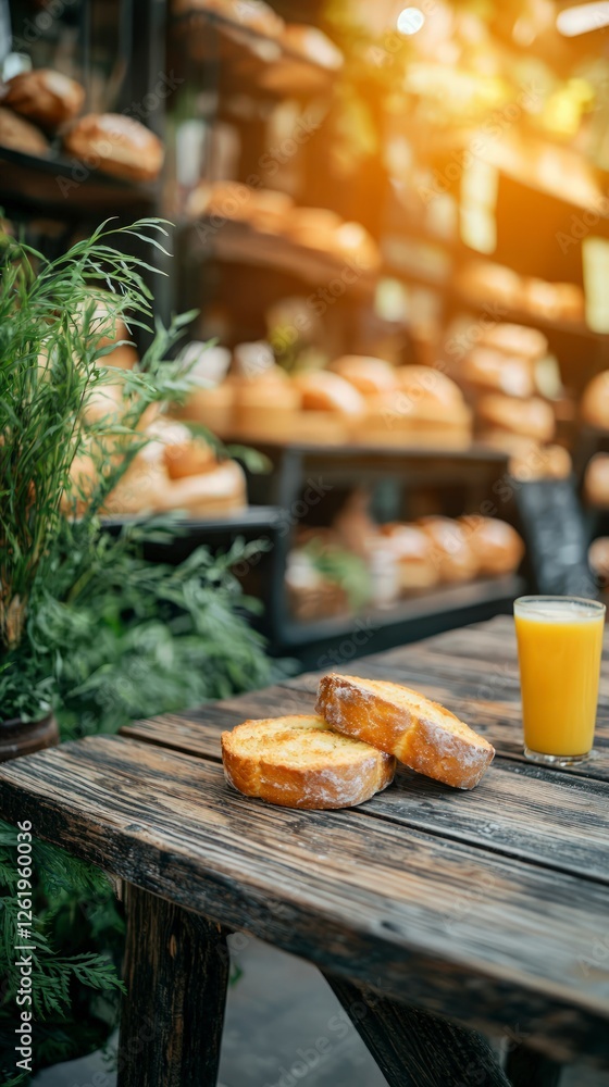 Slices Of Sweet Bread With Orange Juice On Rustic Wooden Table In Bakery Slices Of Sweet Bread With Orange Juice On Rustic Wooden Table In Bakery