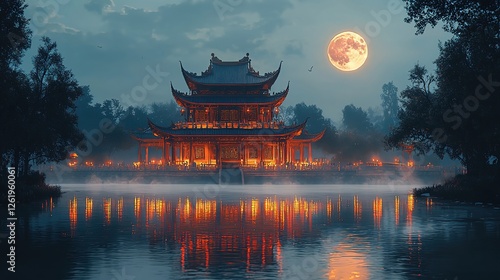 Embracing Tradition and Joy: Celebrating the Mid-Autumn Festival Serene Eastern Pagoda Under a Glowing Full Moon Night