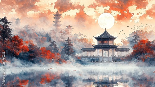 Embracing Tradition and Joy: Celebrating the Mid-Autumn Festival Serene Pagoda Reflection in Tranquil Misty Landscape