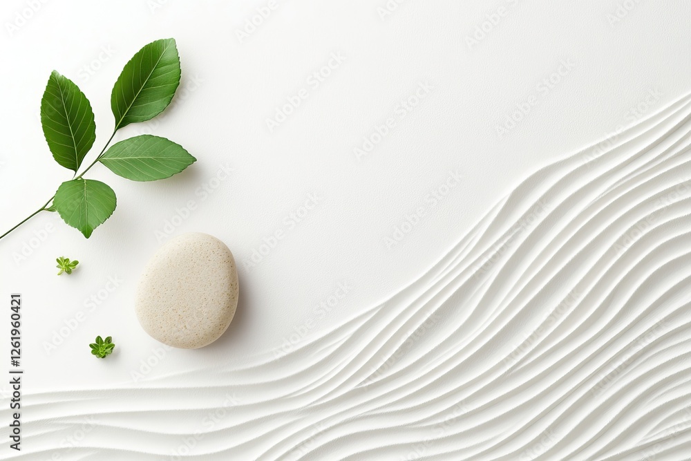 White sand zen garden, leaves, stone, serenity, spa, wellness, background, minimalist, tranquility, mockup White sand zen garden, leaves, stone, serenity, spa, wellness, background, minimalist, tranquility, mockup