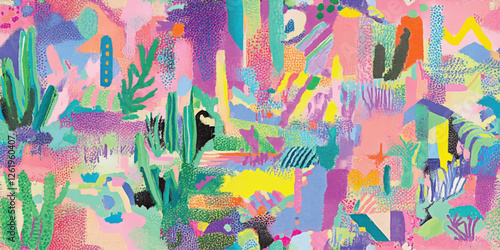 Vibrant Abstract Collage Pattern with Mixed Media Elements and Bold Colors for Modern Design Project