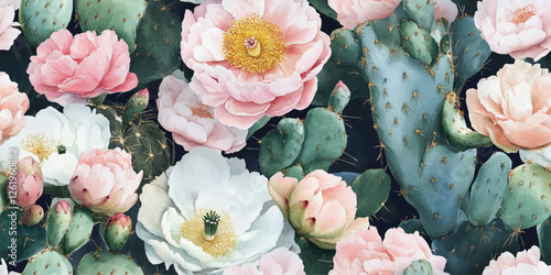 Watercolor Floral Cactus and Peonies Seamless Vector Pattern in Boho Style with Pink, Green, Blue, Gold, Black, and White Flowers