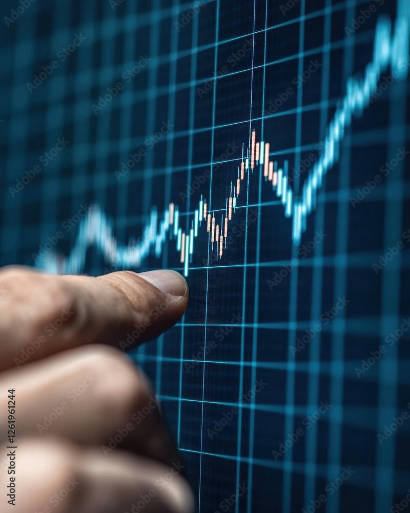 A close-up of a hand pointing at a fluctuating stock market graph, illustrating financial growth and investment strategies in a digital format. A close-up of a hand pointing at a fluctuating stock market graph, illustrating financial growth and investment strategies in a digital format.