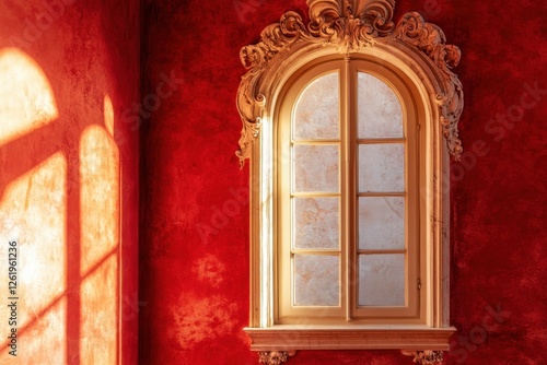 Ornate framed window set against a vividly textured red wall