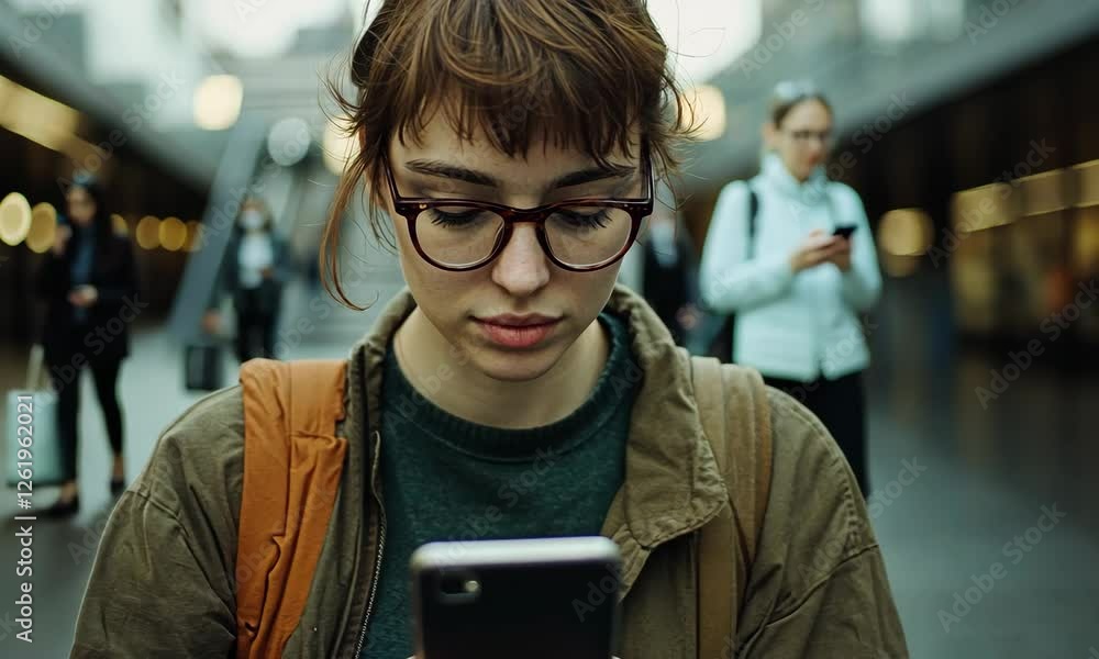 A focused young woman with glasses attentively using her smartphone in a bustling setting, highlighting the modern connection amidst urban life and technology. A focused young woman with glasses attentively using her smartphone in a bustling setting, highlighting the modern connection amidst urban life and technology.