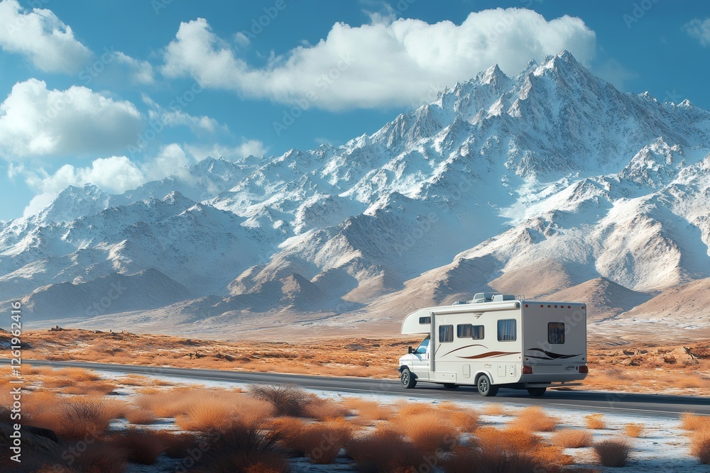 Camper van traveling on a scenic road with snowy mountains in the background Camper van traveling on a scenic road with snowy mountains in the background