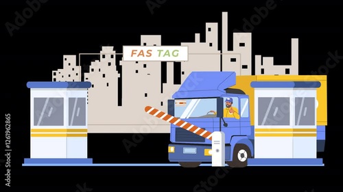 Illustrate toll stations with 2D flat characters, featuring vehicles, payment systems, and automated processes.