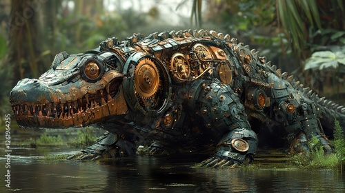 Mechanical steampunk crocodile emerges from swampy water environment