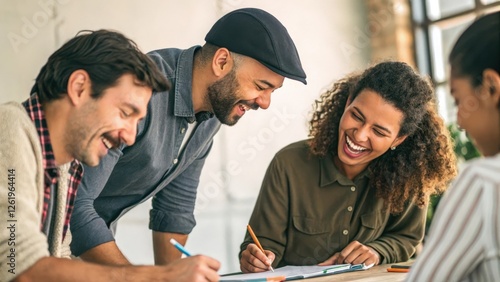 a diverse group of colleagues collaborating and sharing a moment of laughter in a bright workspace. They are gathered around a table, engaged in work and enjoying each other's company