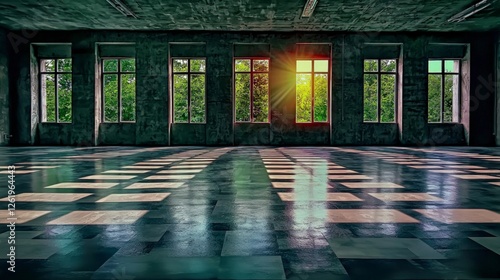 Sunlit Industrial Room Interior with Dark Green Trees Visible Through Large Windows