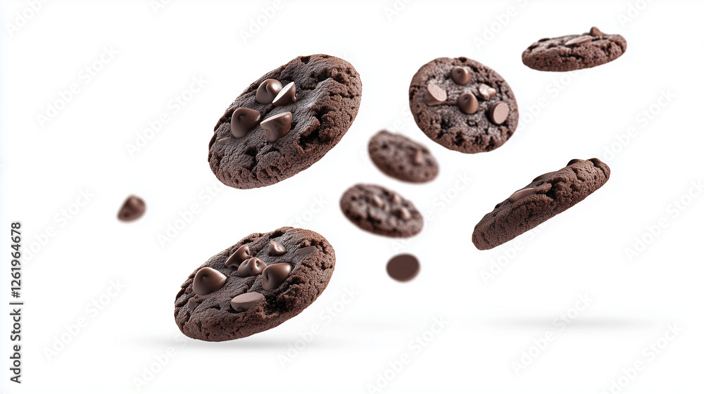 Collection of half chocolate chip cookies on white background, Chocolate Chip Cookie Closeup, Homemade Chocolate Chip Cookies Stacked Towe Collection of half chocolate chip cookies on white background, Chocolate Chip Cookie Closeup, Homemade Chocolate Chip Cookies Stacked Towe