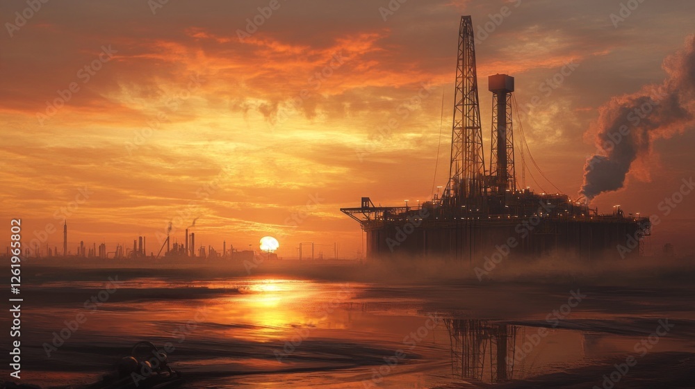 Industrial Dawn, Oil Rig Silhouetted Against a Fiery Sunrise Landscape Industrial Dawn, Oil Rig Silhouetted Against a Fiery Sunrise Landscape