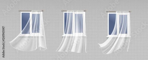 Curtain window wind composition with translucent white drapes fluttering at clean pvc frames. Sheer textile panels mounted on metal rods with realistic fabric movement. Set of blowing drapery.