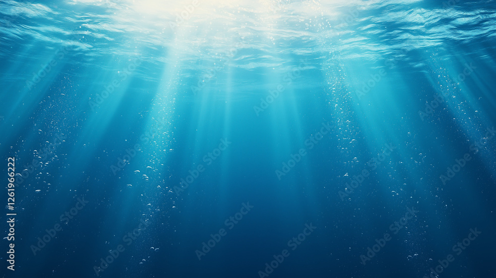 Obraz premium Ocean Depths Sunlight Beams: Sunbeams pierce the deep blue ocean, illuminating particles and creating a mystical underwater scene.