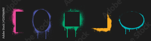 Graffiti stencil frames with neon spray effect - geometric shapes of rectangle, square and circle borders in vibrant colors with drips and scattered particles on dark background. Street art elements.