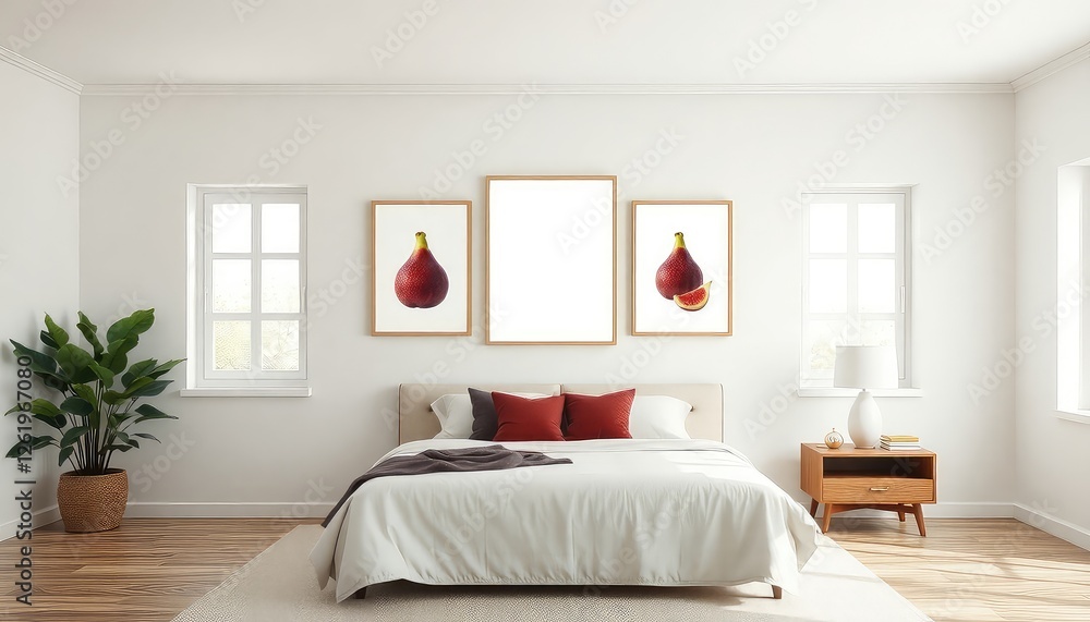 Mediterranean master bedroom with fig prints and a blank white a4 frames mockup hanging on the wall. Mediterranean master bedroom with fig prints and a blank white a4 frames mockup hanging on the wall.