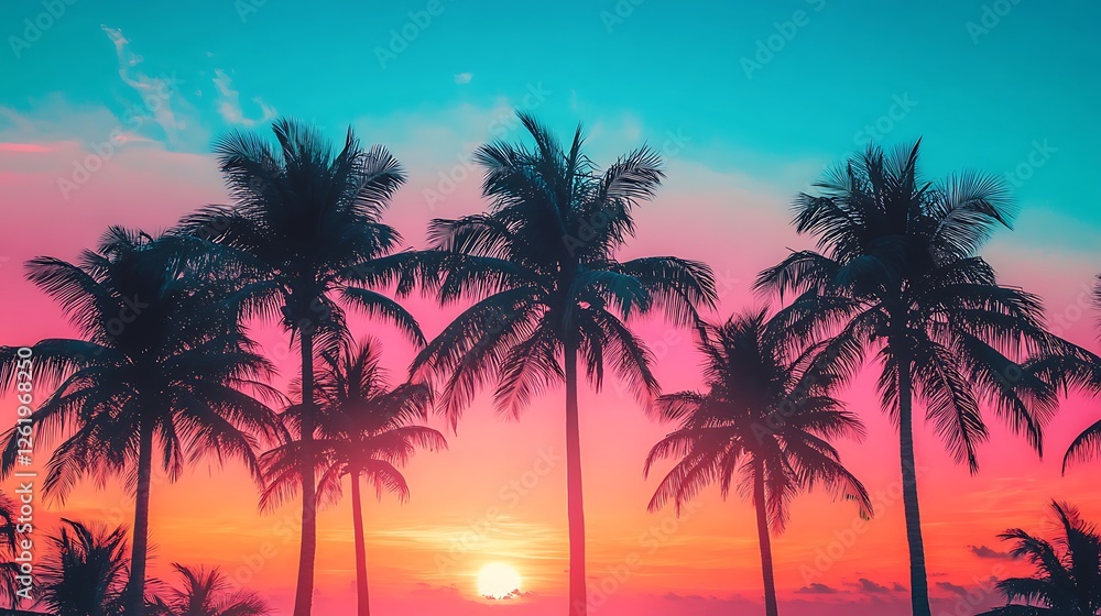 Silhouetted palm trees at vibrant sunset. Silhouetted palm trees at vibrant sunset.