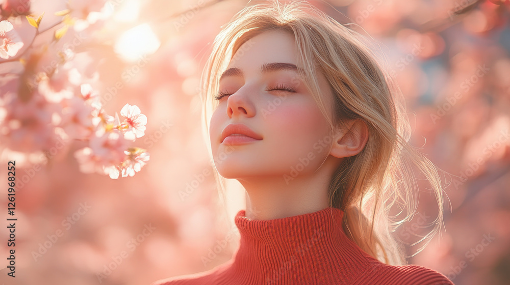 Fototapeta premium Blond woman in red ribbed necks closed eyes enjoy fresh air in park with cherry blossom