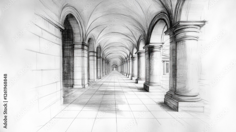 A detailed sketch of a grand corridor with arches and columns, creating depth and perspective. A detailed sketch of a grand corridor with arches and columns, creating depth and perspective.