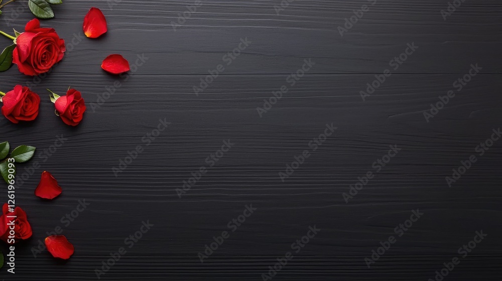 Red roses and petals arranged on a dark wooden background, leaving ample copy space. Red roses and petals arranged on a dark wooden background, leaving ample copy space.