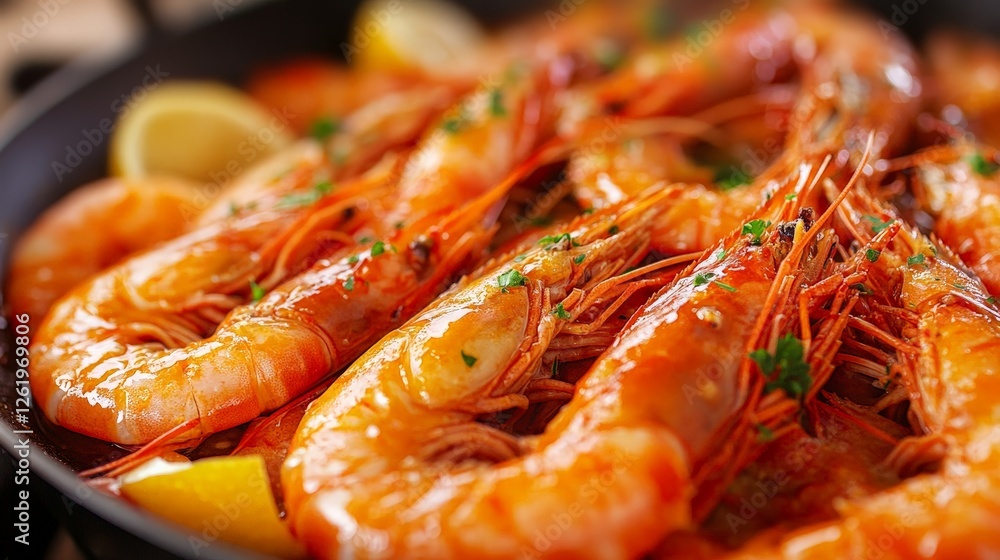 A close-up of cooked shrimp garnished with herbs and lemon slices in a serving dish. A close-up of cooked shrimp garnished with herbs and lemon slices in a serving dish.