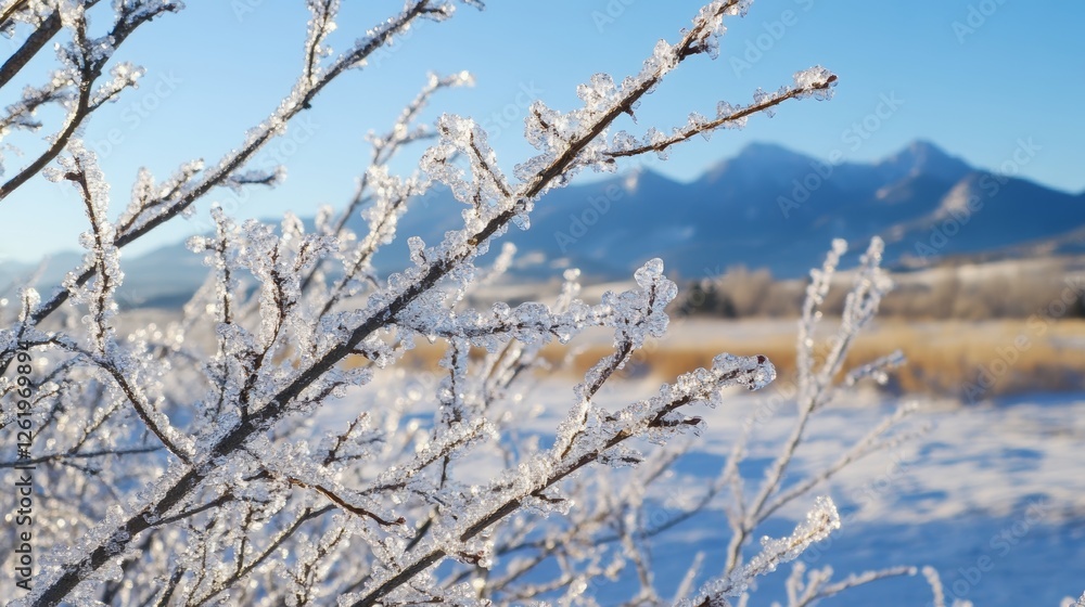 Frosted Branches Against Majestic Mountain Peaks Frosted Branches Against Majestic Mountain Peaks